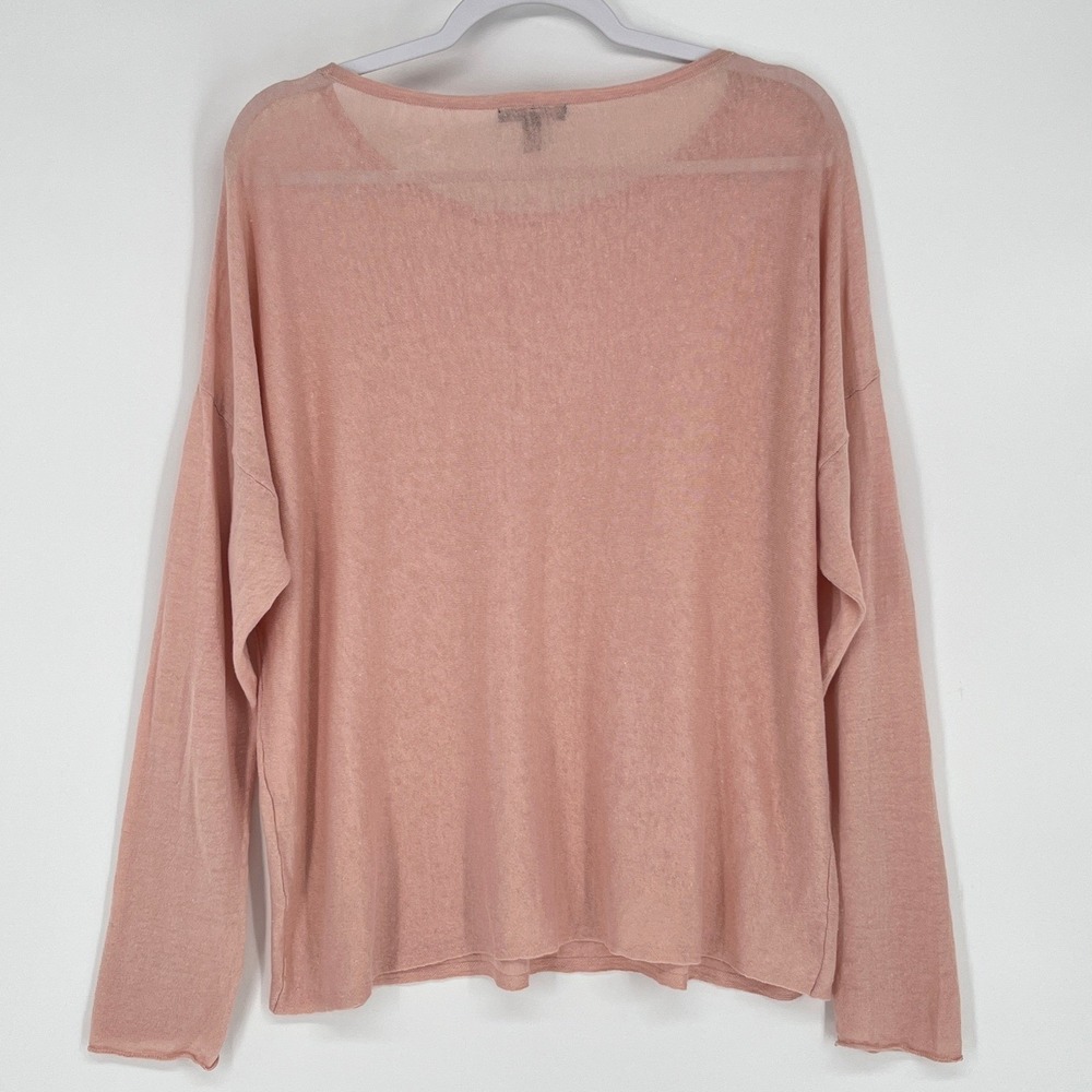 Eileen Fisher Organic Linen Blend Boxy Top M Pink Peach Sheer Knit Long Sleeve - Picture 3 of 6